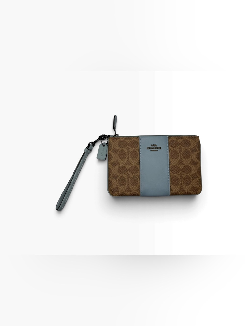COACH Brown Signature Canvas Wallet with Blue Leather Center